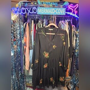 #0551 1X NWOT FIGUEROA & FLOWER Dress Sheer Blk Embroidery Floral Over BlkTank